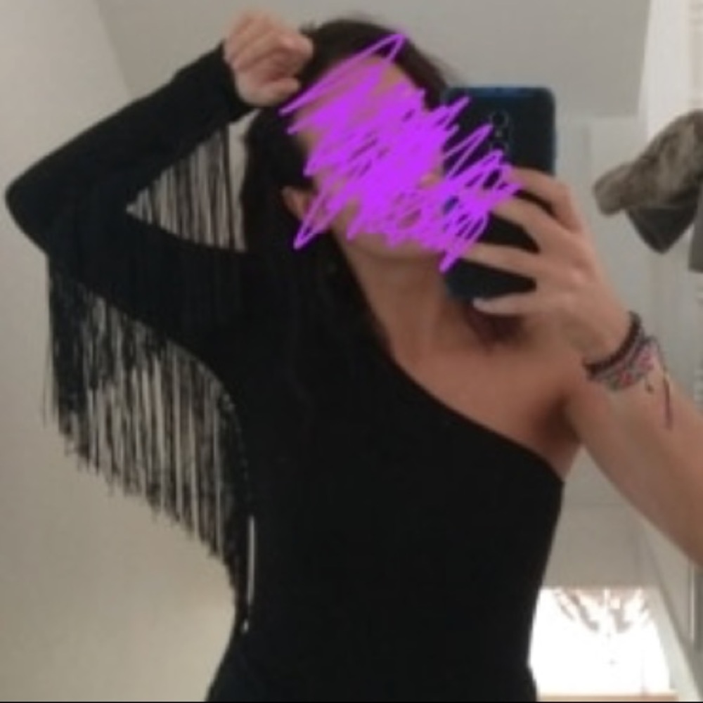 Asymmetrical bodysuit with a fringe sleeve